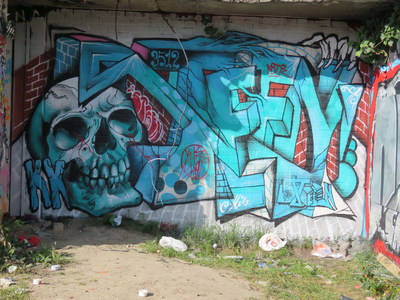 833776 Afbeelding van graffiti met de gestileerde tekst 'STEEN' uit 2017, bij de uitgang van het terrein van het ...